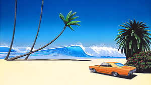 Impender Beach by Hiroshi Nagai: Retro Orange Car on Tropical Shore with Palm Trees and Ocean Waves HD wallpaper
