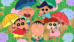 Crayon Shin-chan and friends holding umbrellas in the rain among colorful hydrangea flowers HD wallpaper