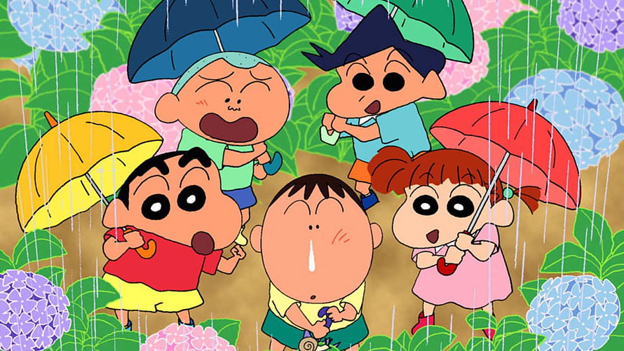 Crayon Shin-chan and friends holding umbrellas in the rain among colorful hydrangea flowers HD wallpaper