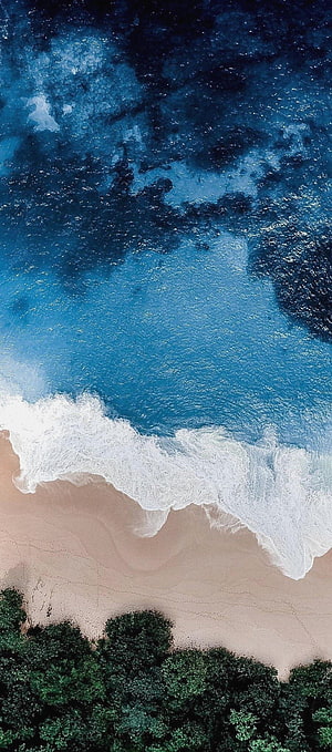 Aerial View of Turquoise Ocean Waves Crashing on Sandy Shore with Lush Green Foliage HD phone wallpaper