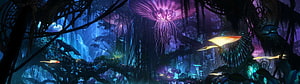 Bioluminescent Alien Jungle With Glowing Purple Flora And Floating Creatures HD wallpaper