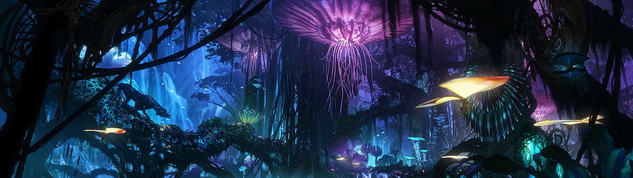 Bioluminescent Alien Jungle With Glowing Purple Flora And Floating Creatures HD wallpaper