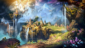 Vibrant Fantasy Landscape with Waterfalls, Tribal Huts, and Snow-Capped Mountains HD wallpaper