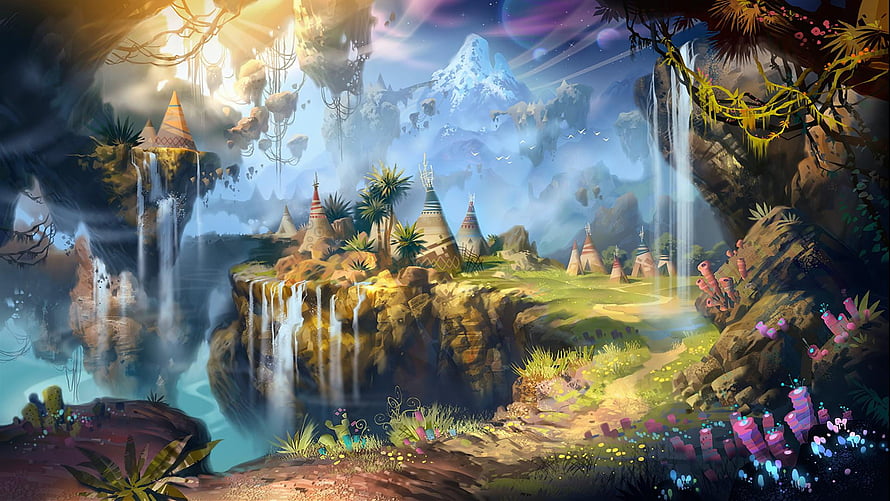 Vibrant Fantasy Landscape with Waterfalls, Tribal Huts, and Snow-Capped Mountains HD wallpaper