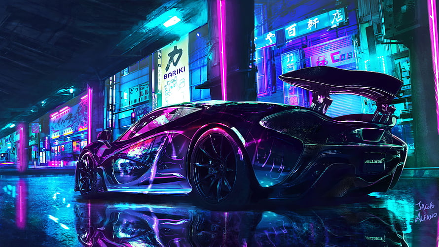 McLaren P1 in Neon-Lit Cyberpunk City Street at Night HD wallpaper