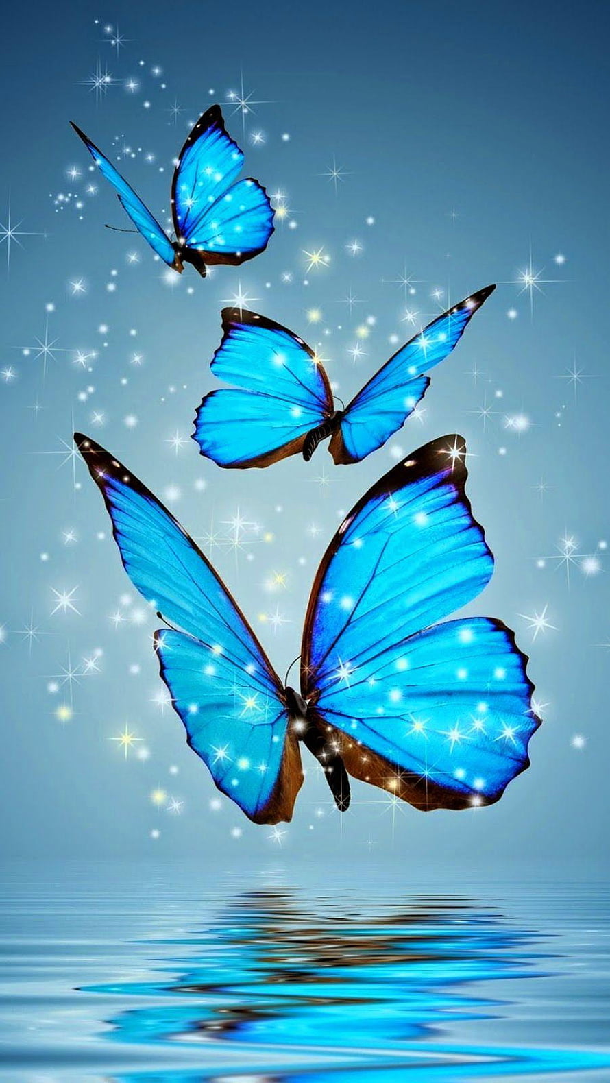 Three glowing blue morpho butterflies in flight above a calm water surface with sparkling starlight reflections HD phone wallpaper