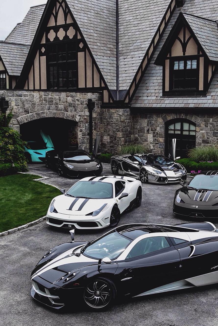 Exotic Supercar Collection Parked in Front of Luxury Tudor Mansion, Luxury Car House, mansion with cars HD phone wallpaper