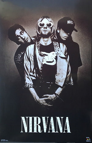 Nirvana Band Members Portrait with Kurt Cobain Sunglasses Vintage Rock Poster HD phone wallpaper