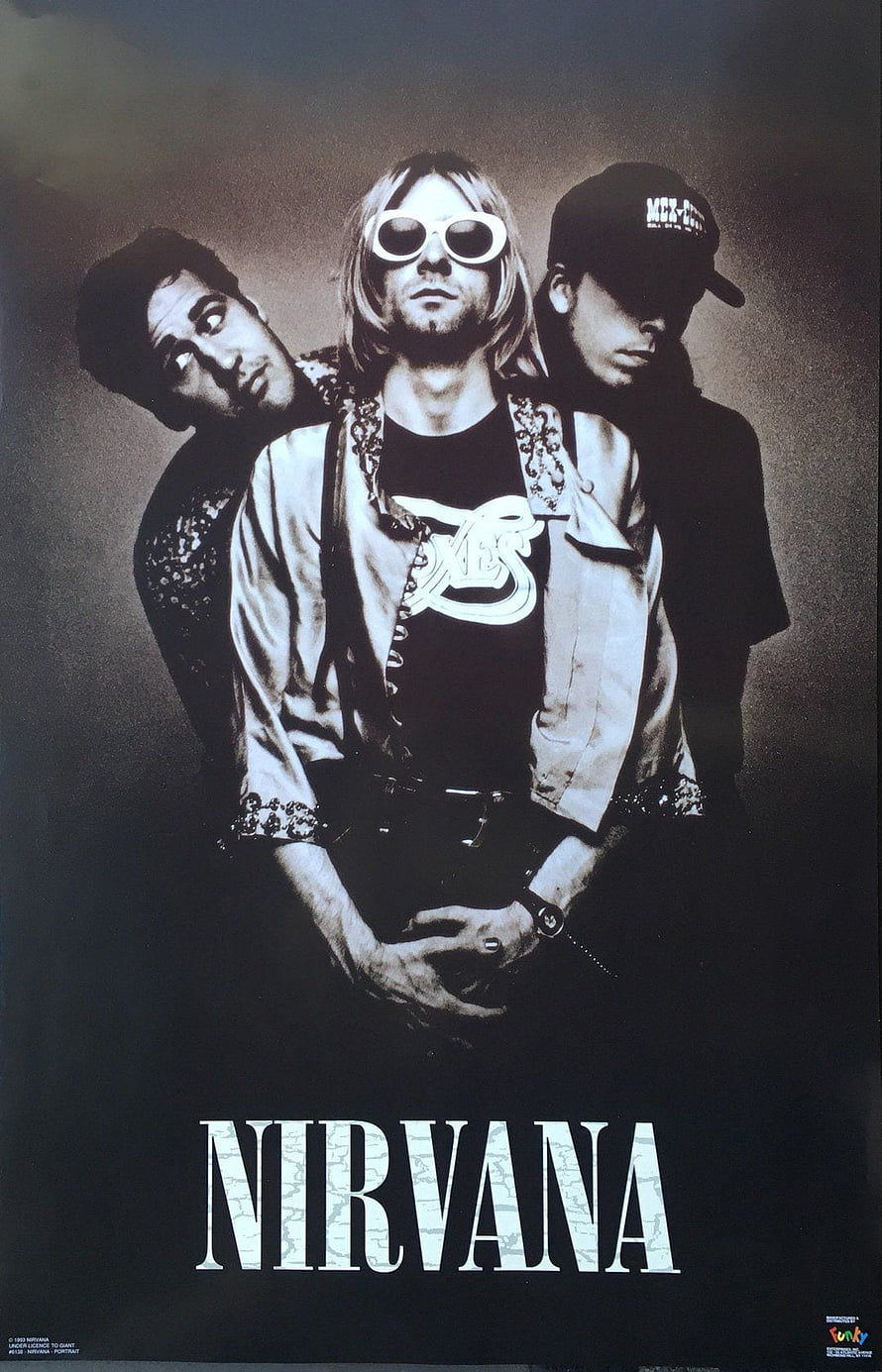 Nirvana Band Members Portrait with Kurt Cobain Sunglasses Vintage Rock Poster HD phone wallpaper