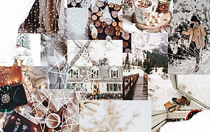 Cozy Winter Aesthetic Collage Featuring Snowy Cabins, Festive Decor, and Holiday Warmth HD wallpaper