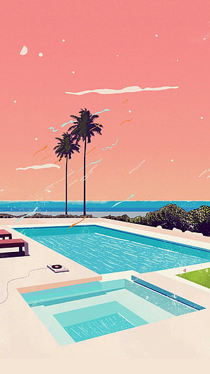 Retro Summer Poolside Illustration With Palm Trees And Ocean View HD phone wallpaper