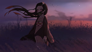 Nezuko Kamado from Demon Slayer Sitting in a Twilight Field HD wallpaper