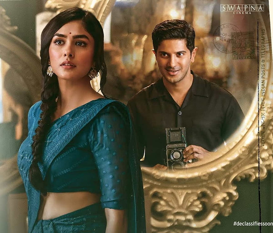 Sita Ramam Movie Poster Featuring Actress in Teal Saree and Actor with Vintage Camera HD wallpaper