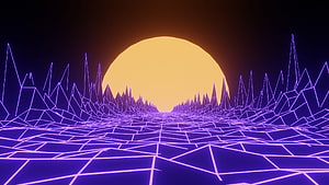 Retro Synthwave Wireframe Landscape with Glowing Purple Grid and Orange Sun HD wallpaper