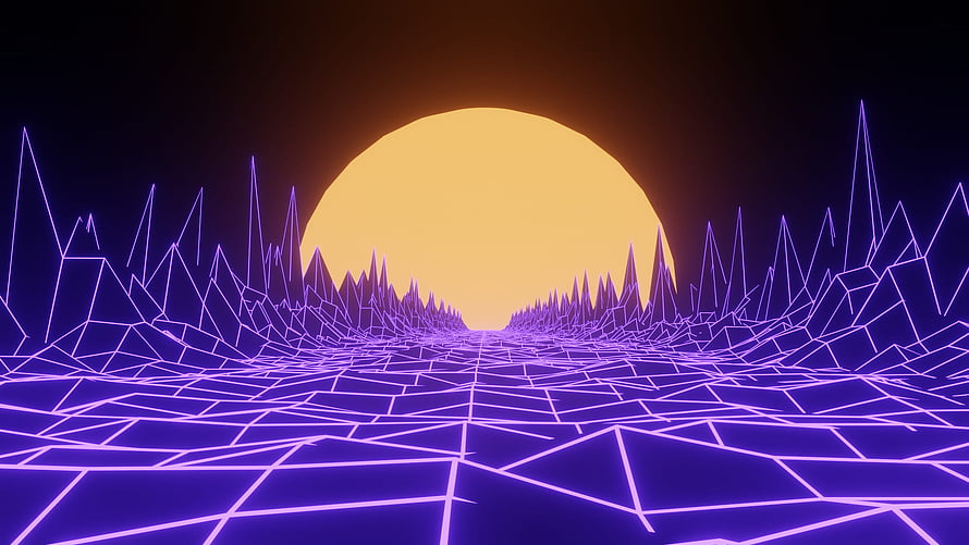 Retro Synthwave Wireframe Landscape with Glowing Purple Grid and Orange Sun HD wallpaper