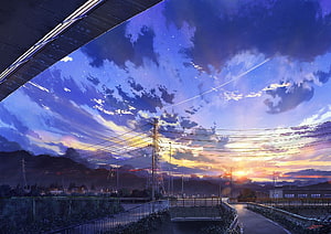 Japanese Suburban Twilight Digital Art with Power Lines and Starry Sky HD wallpaper