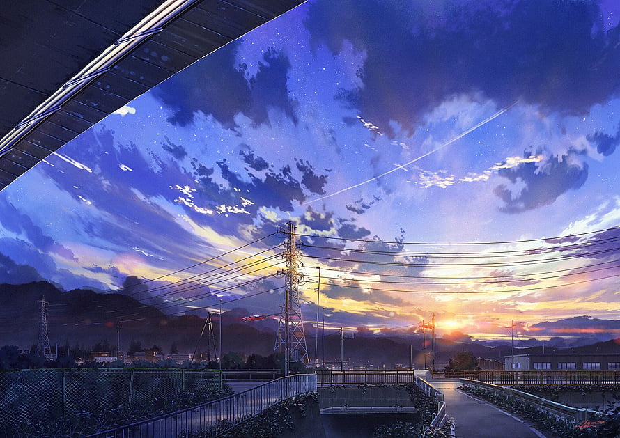Japanese Suburban Twilight Digital Art with Power Lines and Starry Sky HD wallpaper