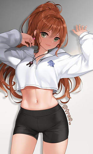 Anime Girl With Red Hair In White Crop Top And Black Shorts HD phone wallpaper