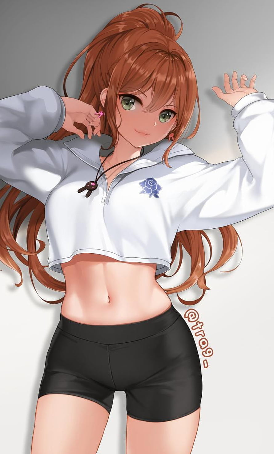 Anime Girl With Red Hair In White Crop Top And Black Shorts HD phone wallpaper