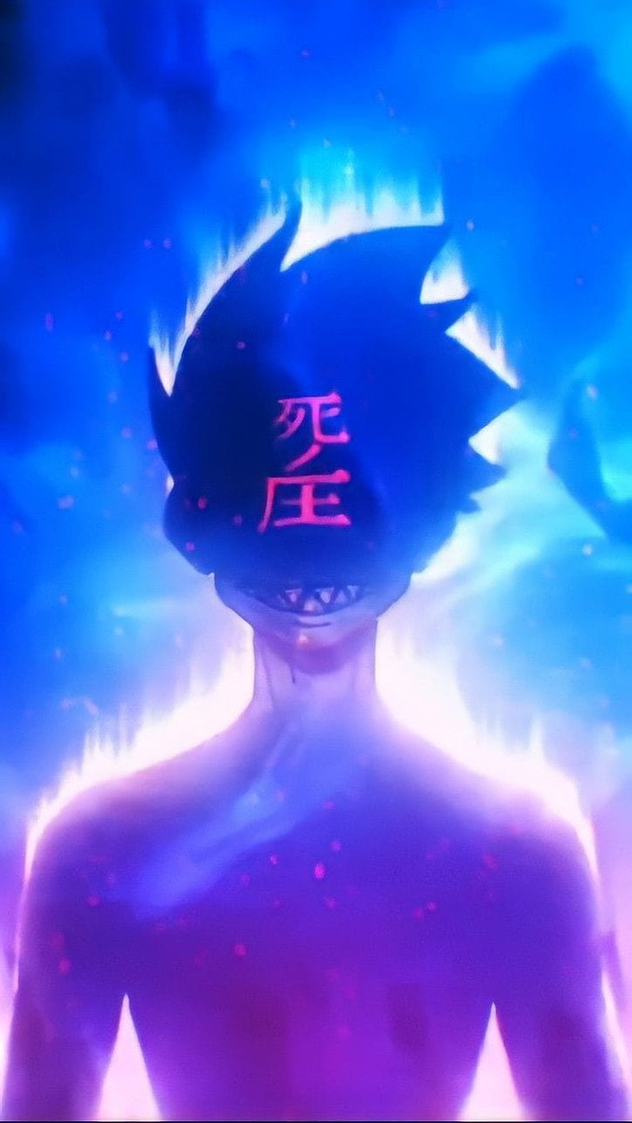 Shinra Kusakabe with glowing blue aura and red kanji on forehead HD phone wallpaper