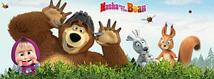 Masha and the Bear Animated Characters in a Lush Green Forest Setting HD wallpaper