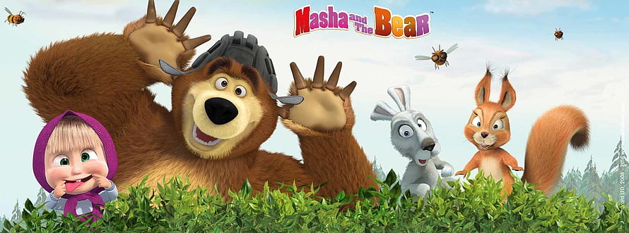 Masha and the Bear Animated Characters in a Lush Green Forest Setting HD wallpaper