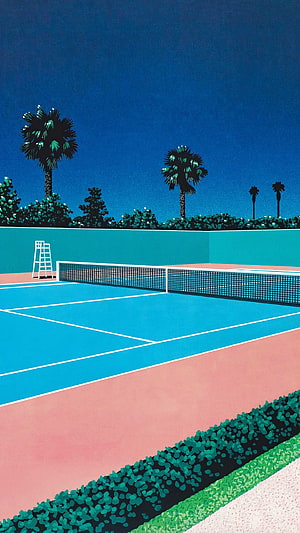 Retro Illustration of Empty Tennis Court with Palm Trees and Blue Sky HD phone wallpaper