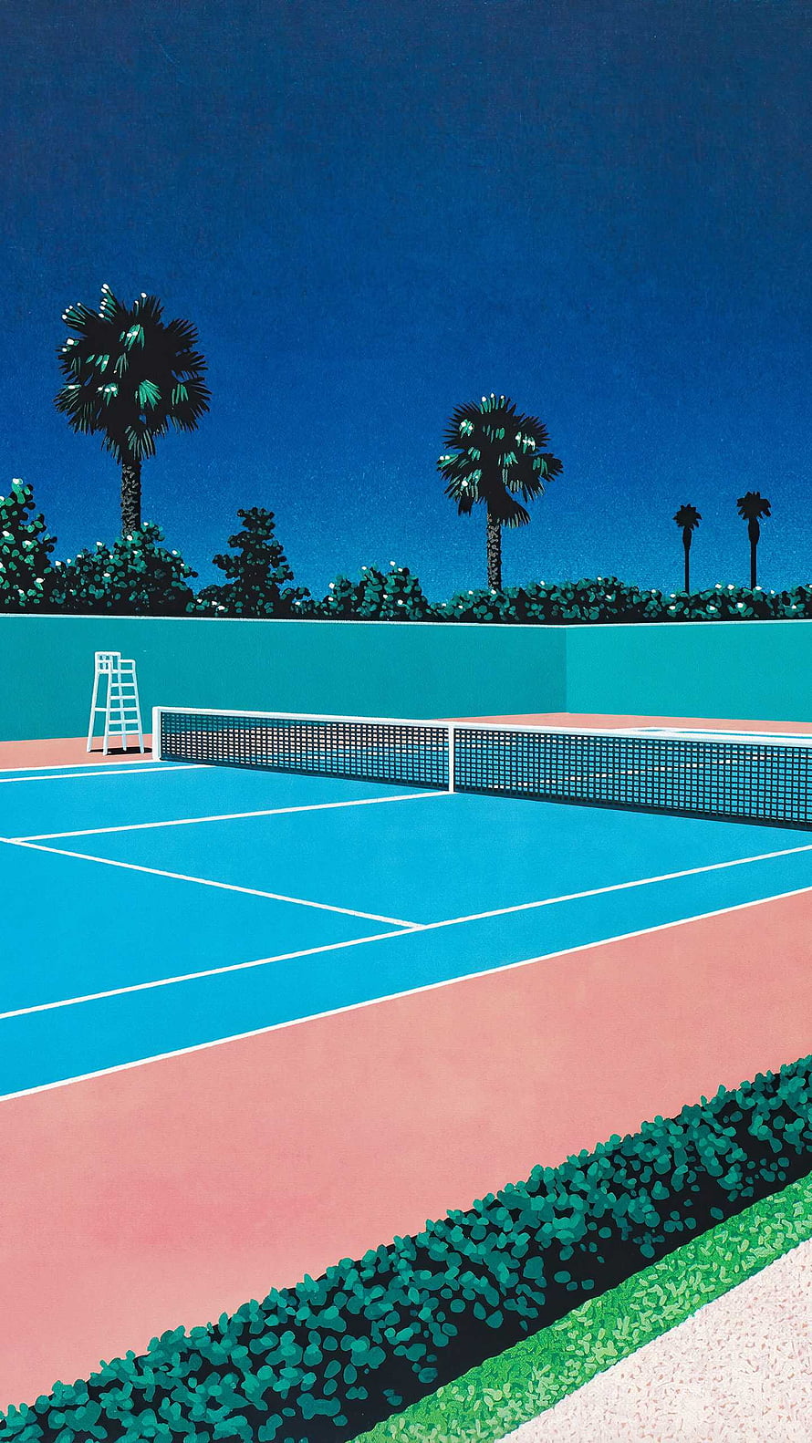 Retro Illustration of Empty Tennis Court with Palm Trees and Blue Sky HD phone wallpaper
