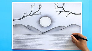 Realistic Pencil Drawing of Moonlit Mountains and Water Reflection HD wallpaper