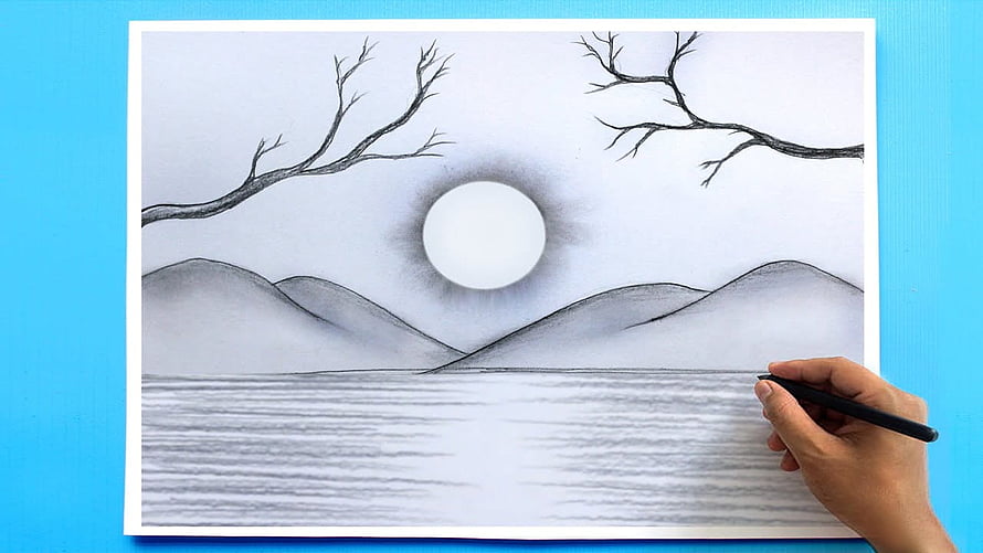 Realistic Pencil Drawing of Moonlit Mountains and Water Reflection HD wallpaper