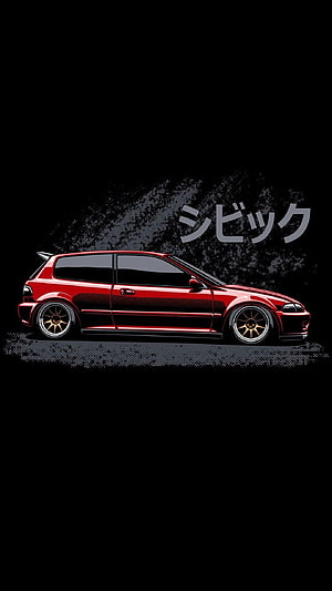 Red Honda Civic EG6 Hatchback Digital Art on Black Background HD phone wallpaper