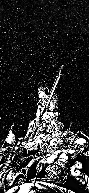 Guts from Berserk sitting atop a pile of defeated knights with his massive sword under a starry night sky HD phone wallpaper