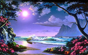 Tropical Sunset Beach Landscape with Waterfall and Pink Flowers HD wallpaper