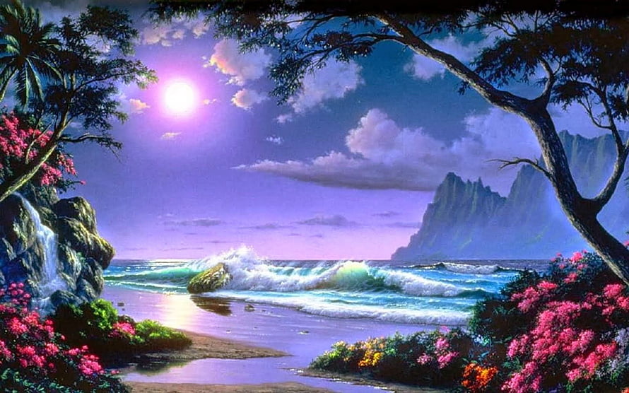Tropical Sunset Beach Landscape with Waterfall and Pink Flowers HD wallpaper