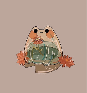 Cute Cartoon Frog Holding a Glass Terrarium with Lotus Flowers and Aquatic Plants HD phone wallpaper