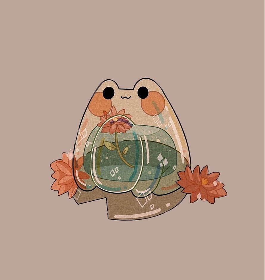 Cute Cartoon Frog Holding a Glass Terrarium with Lotus Flowers and Aquatic Plants HD phone wallpaper