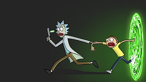 Rick and Morty Animated Scene with Green Portal and Sci-Fi Device HD wallpaper