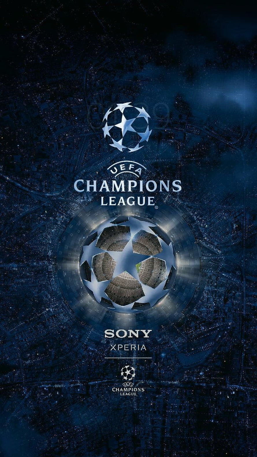 UEFA Champions League Starball Logo Over Nighttime City Aerial View with Sony Xperia Sponsorship HD phone wallpaper