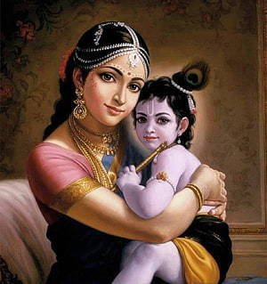 Yashoda and Baby Krishna Holding Flute Traditional Indian Art HD phone wallpaper