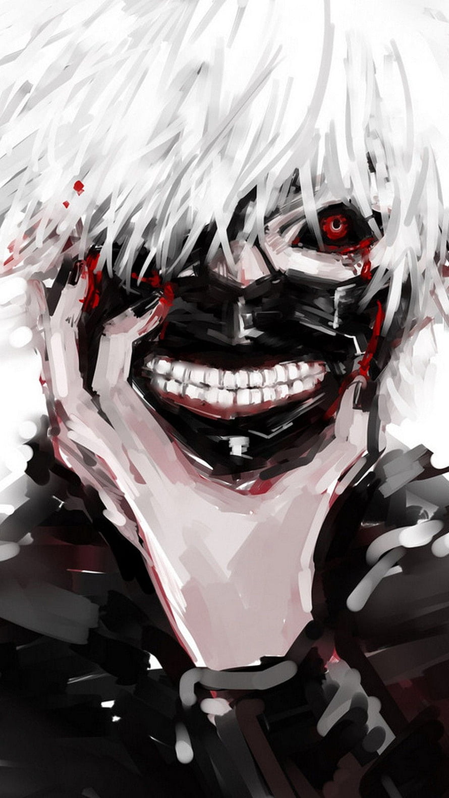 Grim White-Haired Anime Villain with Blood-Red Eyes and Wide Grin HD phone wallpaper