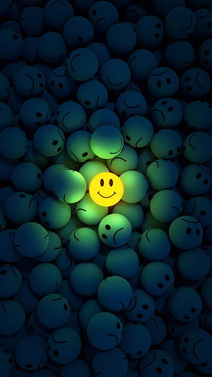 Glowing Yellow Smile Among Dark Blue Spheres in Minimalist 3D Art HD phone wallpaper