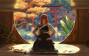 Red-Haired Samurai Woman Meditating in a Japanese Garden with Torii Gate, Asian Warrior Samurai Girl, meditation anime HD wallpaper
