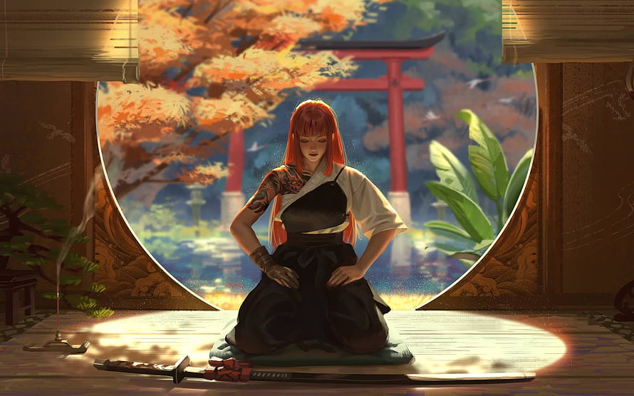 Red-Haired Samurai Woman Meditating in a Japanese Garden with Torii Gate, Asian Warrior Samurai Girl, meditation anime HD wallpaper