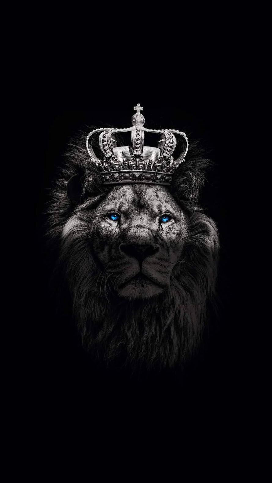 Majestic Lion King With Silver Crown And Glowing Blue Eyes On Black Background HD phone wallpaper