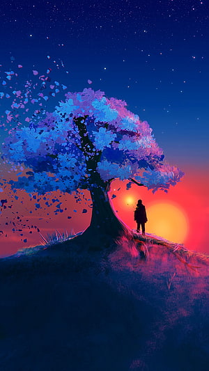 Silhouette of a Person Standing Under a Glowing Blue Tree at Sunset HD phone wallpaper