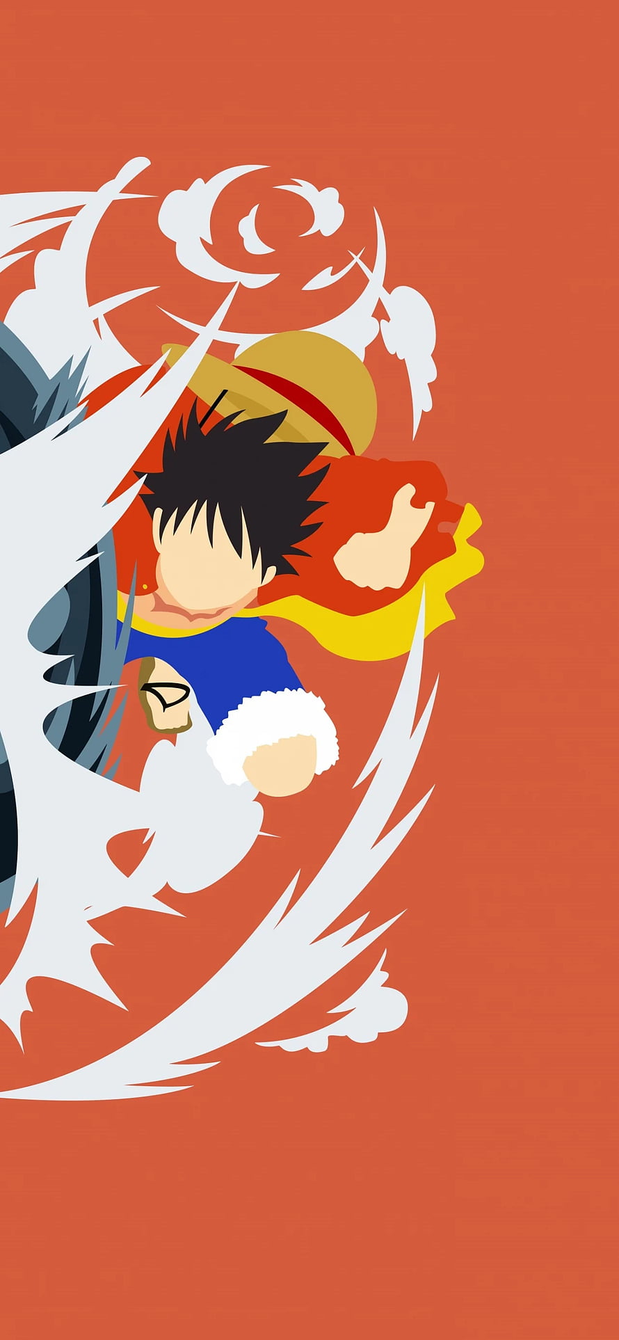 Monkey D. Luffy One Piece Minimalist Anime Illustration with Dynamic White Energy Swirls on Orange Background HD phone wallpaper