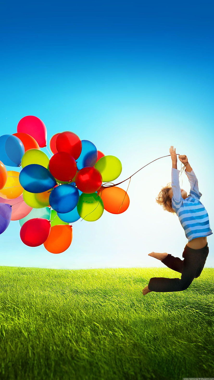 Boy Flying With Colorful Balloons Over Green Grass HD phone wallpaper