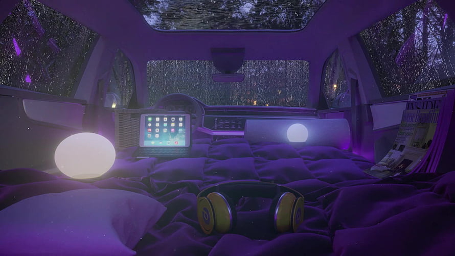 Cozy Car Camping Setup With Purple Lighting, Headphones, And Tablet In The Rain HD wallpaper