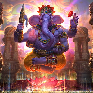 Lord Ganesha Meditating on a Lotus with Axe and Flower in a Sacred Temple Setting HD phone wallpaper