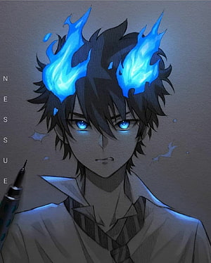 Anime Male Character with Blue Flame Horns and Glowing Eyes in Dark Illustration HD phone wallpaper